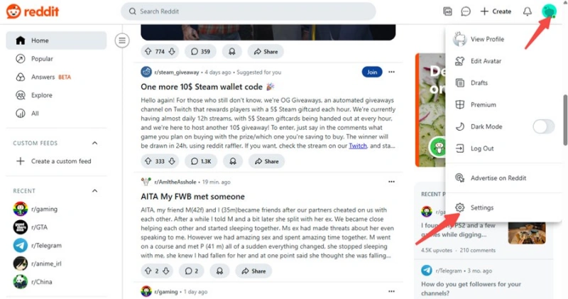 进入reddit设置界面